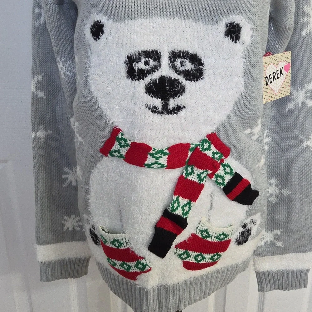 WITH LOVE DEREK CHRISTMAS SWEATER FUZZY POLAR BEAR SCARF & MITTENS